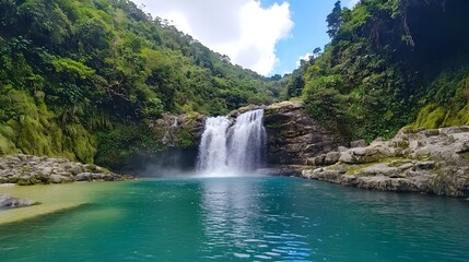 Fototapeta premium Stunning cascading waterfall tumbling into a crystal clear mountain pool surrounded by lush verdant foliage and towering cliffs in a picturesque serene natural landscape