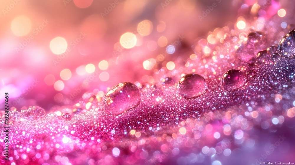 Poster close-up of water droplets on a sparkling pink surface with soft bokeh lights.