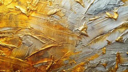 Close-up of abstract gold and silver texture background created with oil and acrylic brushstrokes on canvas