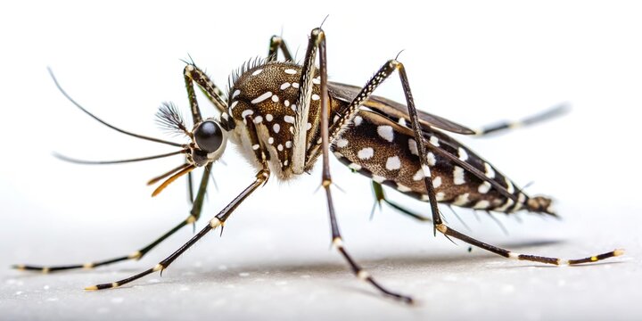 Close-up of Aedes aegypti mosquito pernilongo with white spots on white background