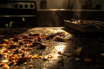 A Kitchen Counter Covered in Cockroaches