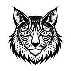 head of a tiger icon, Black and white vector graphic of a lynx on a solid white background