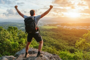 Man Celebrating Achievement on Mountaintop at Sunset