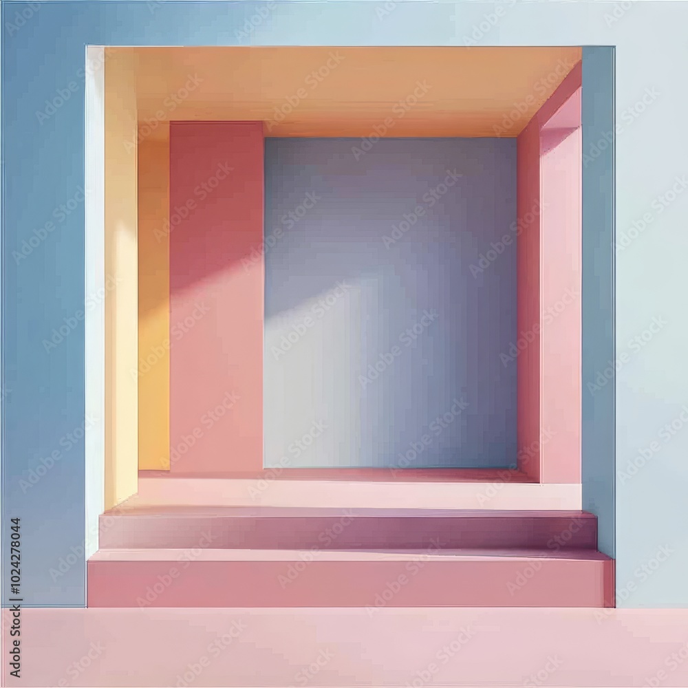 Poster abstract architectural design featuring pastel colors and geometric shapes with sunlight casting sha