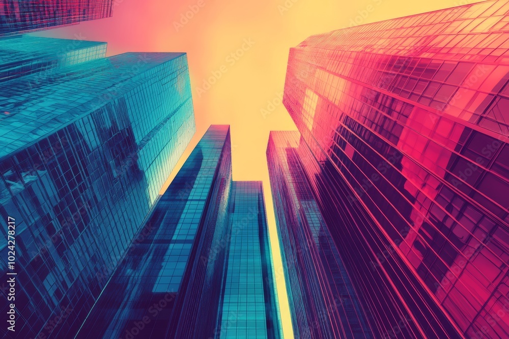 Poster abstract pattern of skyscrapers with a retro-futuristic design.
