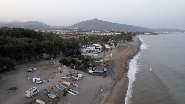 Birds eye view of a Mediterranean coastal town with mountains in the background, San Pedro Alcantara, Marbella, Malaga, Andalucia, Spain