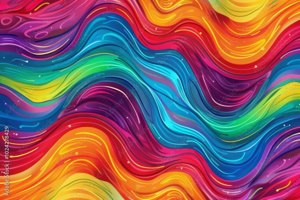 Poster a colorful, abstract painting of a rainbow with a wave-like pattern. the colors are vibrant and the 