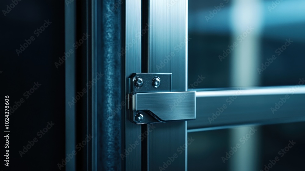 Poster close-up of a sleek metal door hinge, emphasizing modern design and functionality.