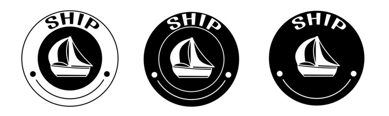 Black and white illustration of ship icon in flat. Stock vector.