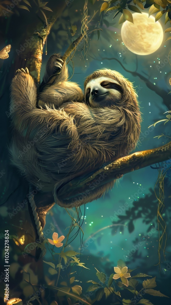 Poster a sloth is hanging from a tree branch in the dark. the sloth is looking up at the moon