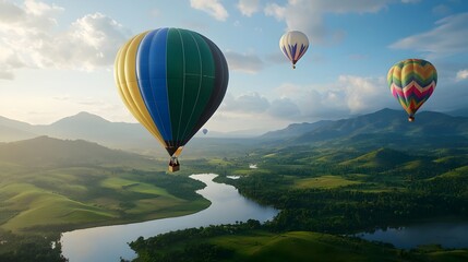 Obraz premium Vibrant hot air balloons gently floating in the vast picturesque sky above a serene enchanting landscape A breathtaking aerial view of nature s beauty and the thrill of adventure and