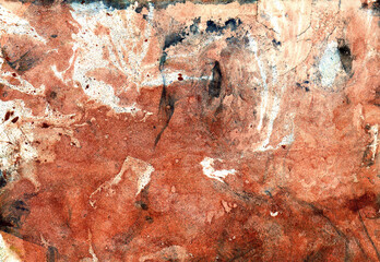 Abstract background with different textures and chaotic spots. Different shades of brown, peach fuzz colors. Splashes of dirty dark blue and white. Marble, soil, rock, minerals, wall.