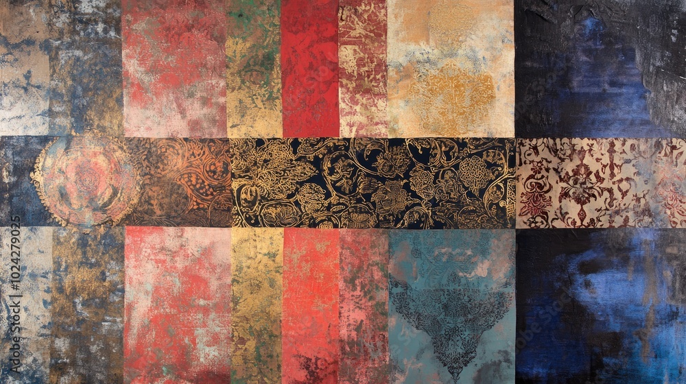 Poster Abstract painting featuring Ajrakh patterns block print designs and batik motifs in a digital textile background