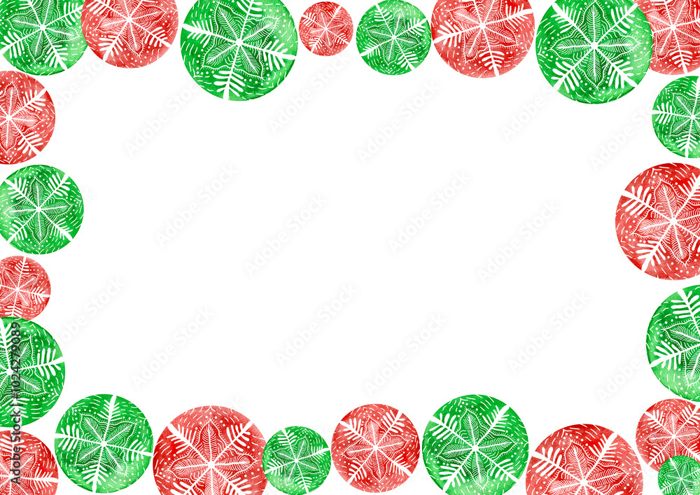 Fototapete frame of snowflakes inscribed in circles. circles of red, green watercolor colors different size. sn
