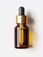Naklejka premium A sleek glass dropper bottle of golden full-spectrum oil stands out against a white backdrop, embodying holistic wellness.