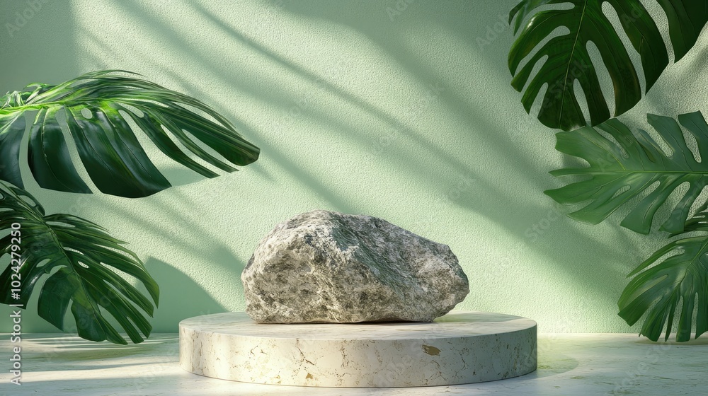 Poster 3d pedestal display featuring a rock on a monstera palm leaf shadow a green pastel backdrop with a t