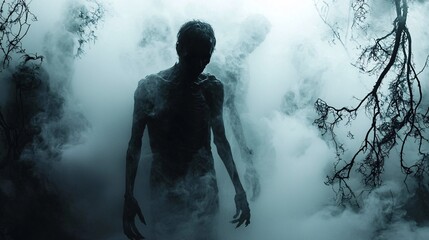 Sinister figures rise from the darkness, ideal for crafting spooky Halloween visuals against a stark white background.