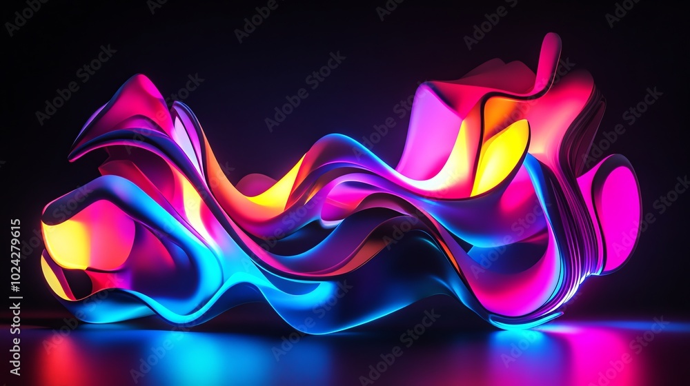 Poster abstract, brightly colored 3d rendering of a flowing shape.