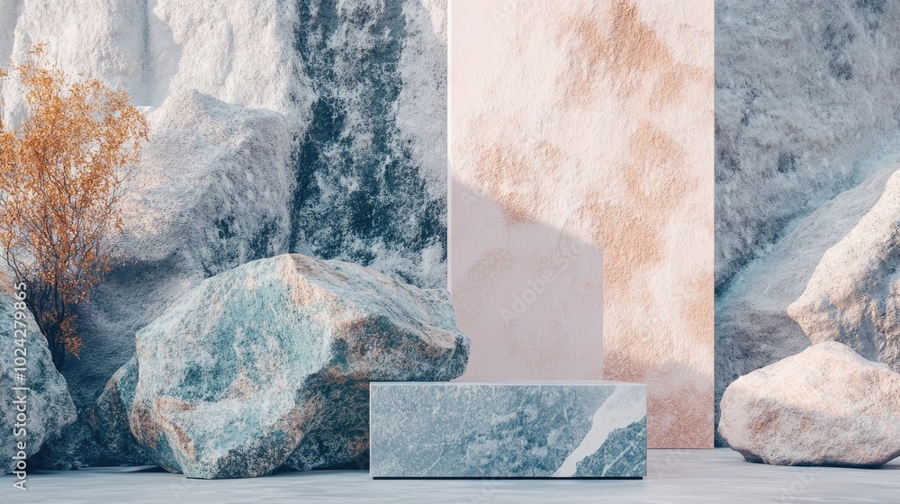 Aufkleber Abstract pastel geometric shapes in a stone and rock texture background minimalist mockup suitable for podium display or showcase 3D rendering