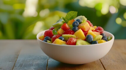 Naklejka premium A close up view of a fresh and colorful fruit salad arranged in a white ceramic bowl resting on a rustic wooden table The salad features an assortment of juicy and ripe fruits