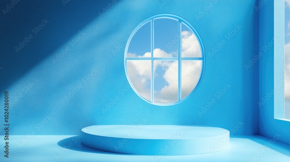 Poster 3D render of an abstract blue background featuring a window with a blue sky set against a blue wall and an empty podium Blank showcase mockup with an unoccupied round stage