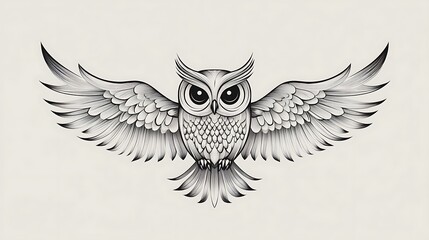 Obraz premium Minimalist line art owl made from smooth, balanced lines for wings and body, circular eyes, and curved shapes, set against a light grey background. Clean and simple composition, flat colors,