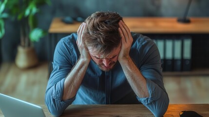 Man sitting at a desk, stressed and emotionally exhausted, head in hands, ultrarealistic detail of emotional pain and mental fatigue