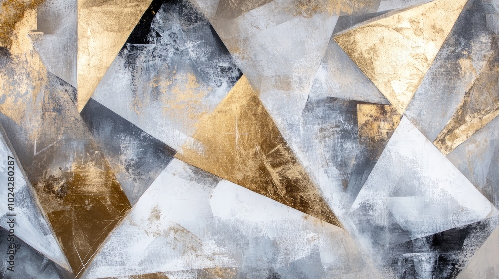 Poster abstract painting featuring geometric patterns in gold and light gray tones on canvas ideal for mode