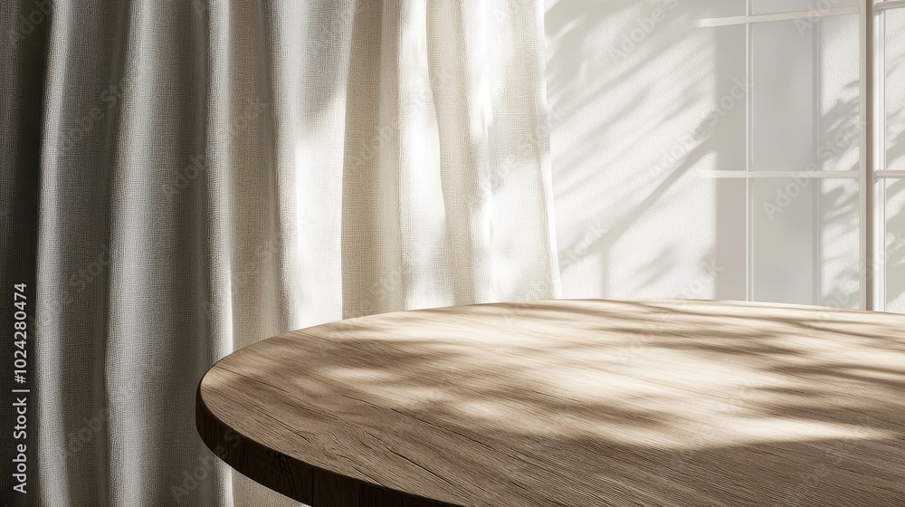 Aufkleber 3D render close up of an empty round teak wood table with a linen curtain in the background bathed in beautiful morning sunlight casting shadows from the window frame Space Blank Mockup Products d