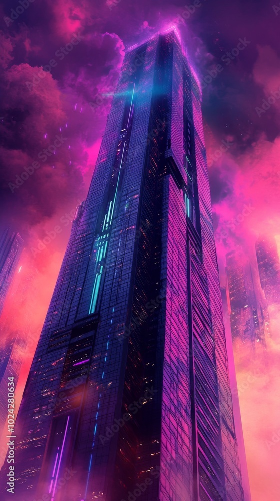 Poster artistic depiction of a synthwave skyscraper, blending dynamic colors and surreal design elements.
