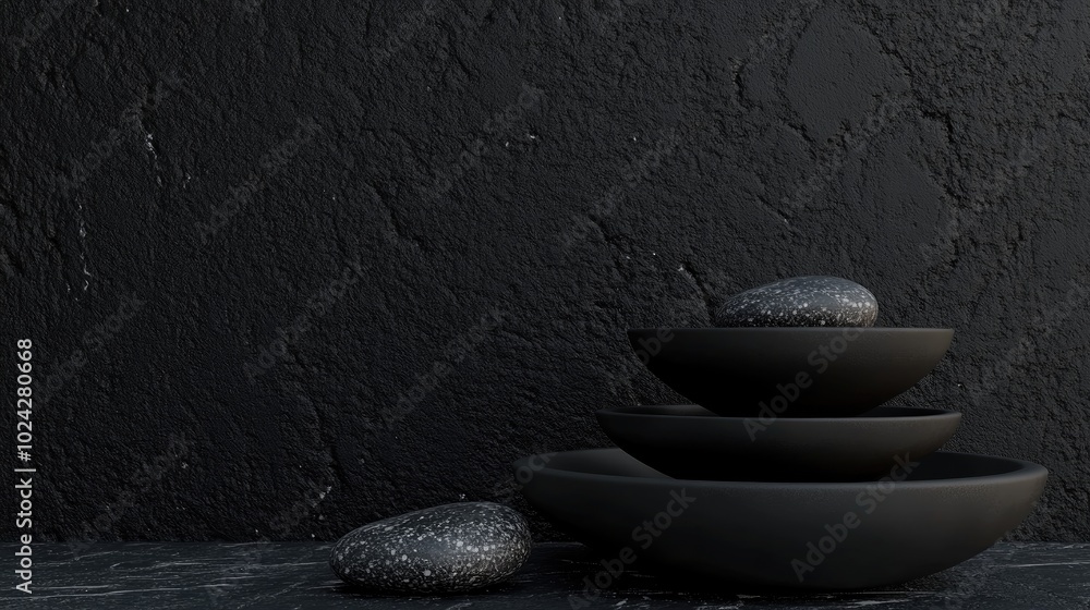 Aufkleber Black geometric stone and rock texture background minimalistic mockup for product display or showcase dark stone spa charcoal theme 3D rendering