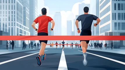 Vibrant Flat Design of Runners Crossing the Finish Line of a City Marathon Event with a Crowd Cheering and Celebrating the Participants  Accomplishment and Success