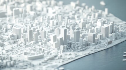 A 3D White Model of a Modern Cityscape with a Waterfront