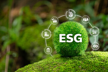 ESG on environment, society and governance, sustainable organizational development Environmental considerations for the environment global and ethical business, educed impact awareness of resources.
