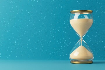 A modern hourglass against a teal background, symbolizing time and patience, perfect for concepts of time management and delay