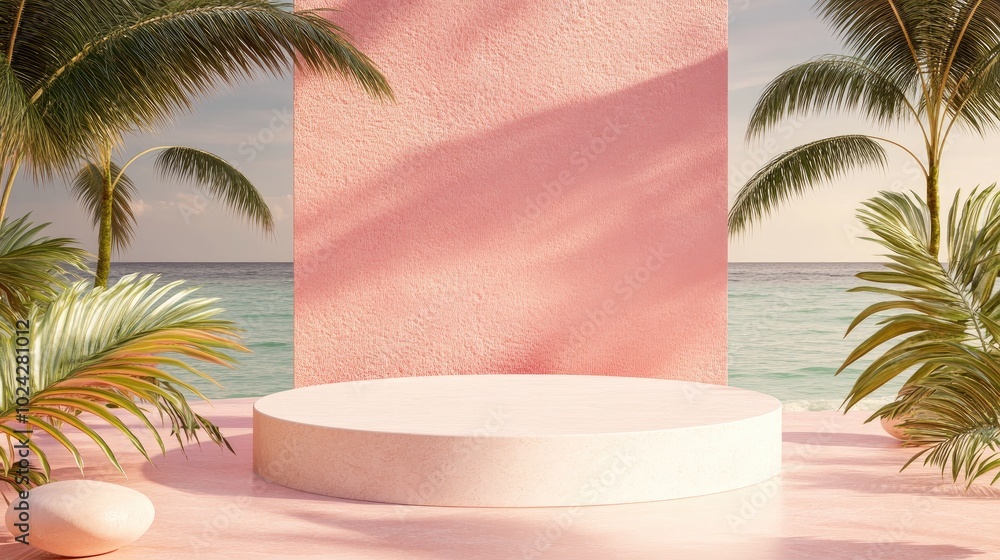 Poster 3D render of a minimal summer backdrop featuring an empty podium or pedestal for product presentations styled with beach and swim elements for a cosmetic mock up
