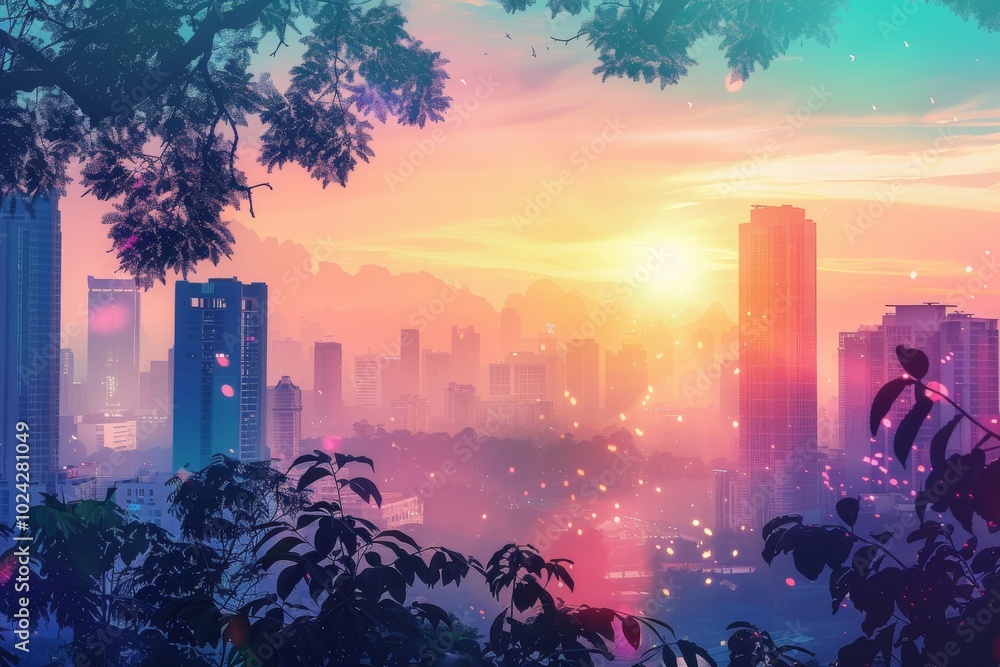 Poster Artistic lofi background with back view of a skyline.