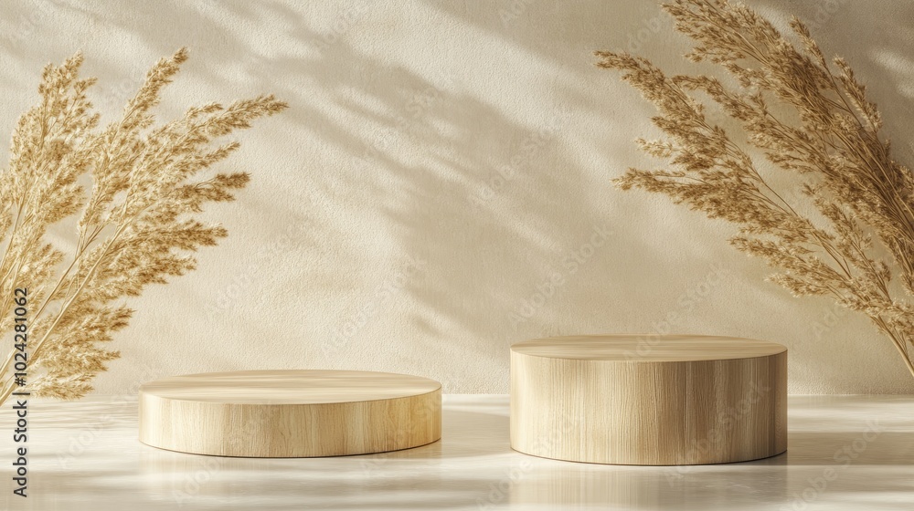 Poster 3d rendering of a beige wooden rectangular and round podium against an abstract background ideal for