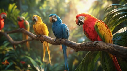 Obraz premium Colorful Tropical Birds Perched on Branches in Rainforest