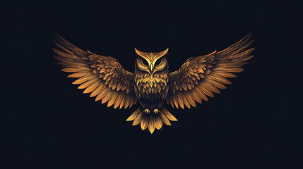 Minimalist owl design with a few straight lines and curves forming the wings and body, no interior details, set against a solid black background. High contrast, smooth lines, flat colors, hd quality,