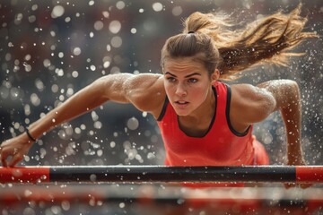 Focused Athlete Clearing a Hurdle During a Rainy Track Race