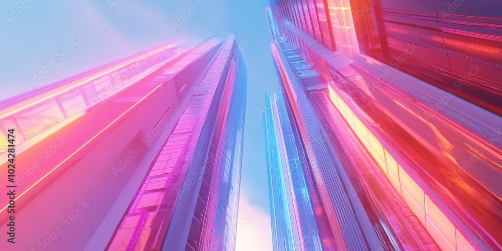 Poster artistic representation of a synthwave skyscraper, with dynamic colors and abstract, futuristic desi