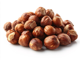 Fototapeta premium a close-up of several hazelnut kernels with their shells removed, placed on a green leaf.