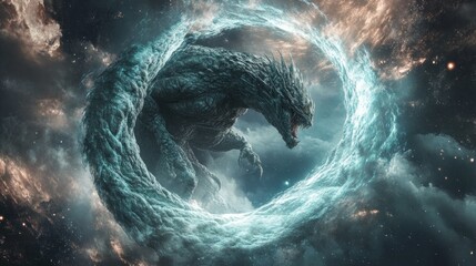 A Stone Dragon Emerging from a Glowing Ring in Space