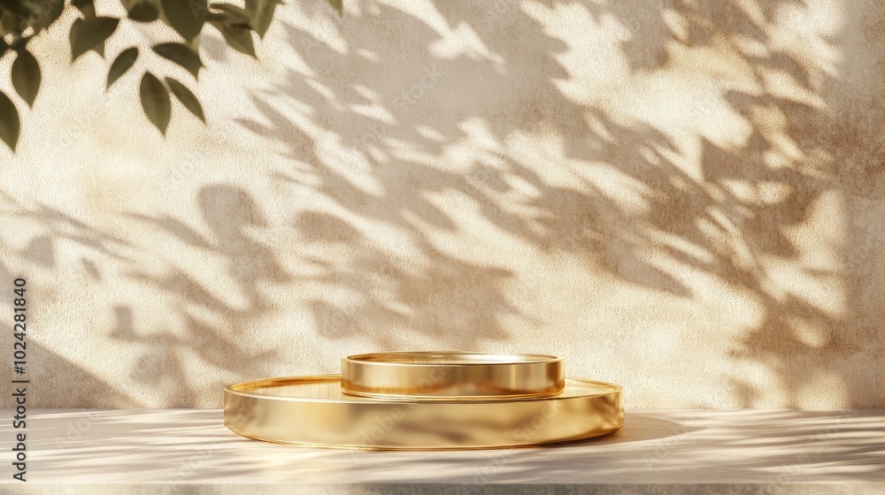 Poster 3D rendering of a two tier round glossy gold podium illuminated by dappled sunlight with leaf shadows cast on a beige concrete abstract wall creating a luxurious backdrop for displaying beauty and
