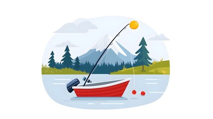 Fototapeta premium Flat design depicting a peaceful fishing trip on a serene lake The image shows a small boat with a fishing rod surrounded by the natural landscape of the lake and its shoreline