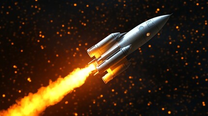 A silver spaceship blasts off into space with a fiery trail.