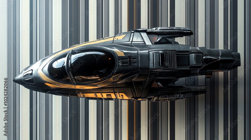 Poster futuristic spaceship hovering in the air.