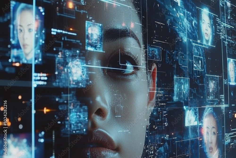 Aufkleber digital identity: a woman's face embedded in a grid of data