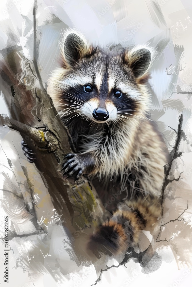 Poster a raccoon is perched on a tree branch. the raccoon is looking at the camera with a curious expressio